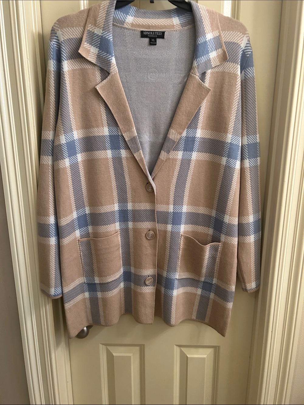 Absolutely Famous Plaid Button-Front Cardigan in Beige and Light Blue